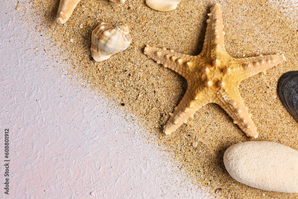 Seashells and starfish with sand on lilac background