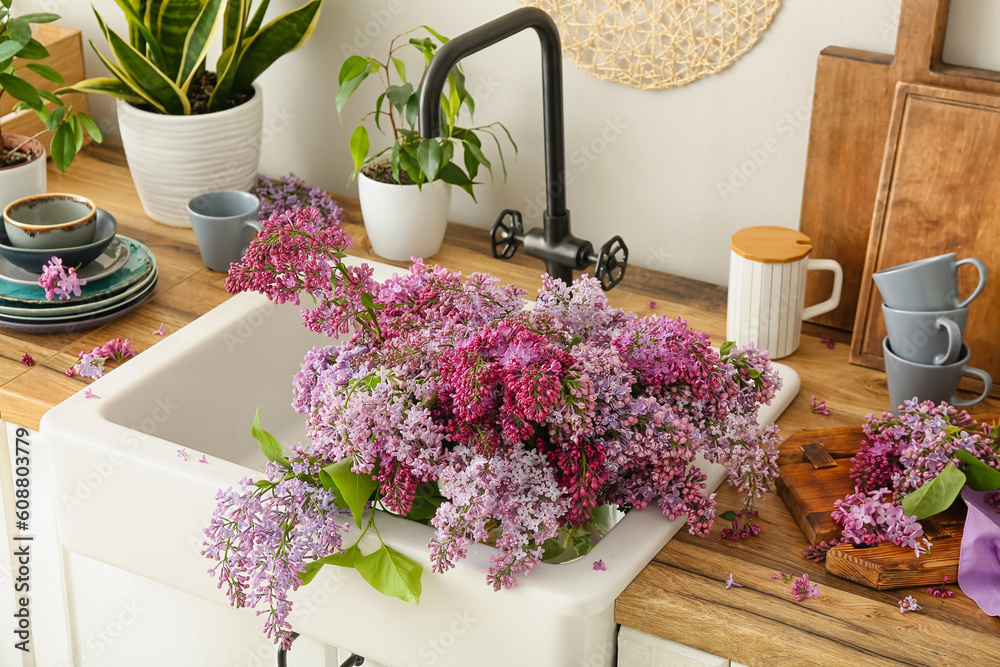 Blooming lilac twigs in kitchen sink