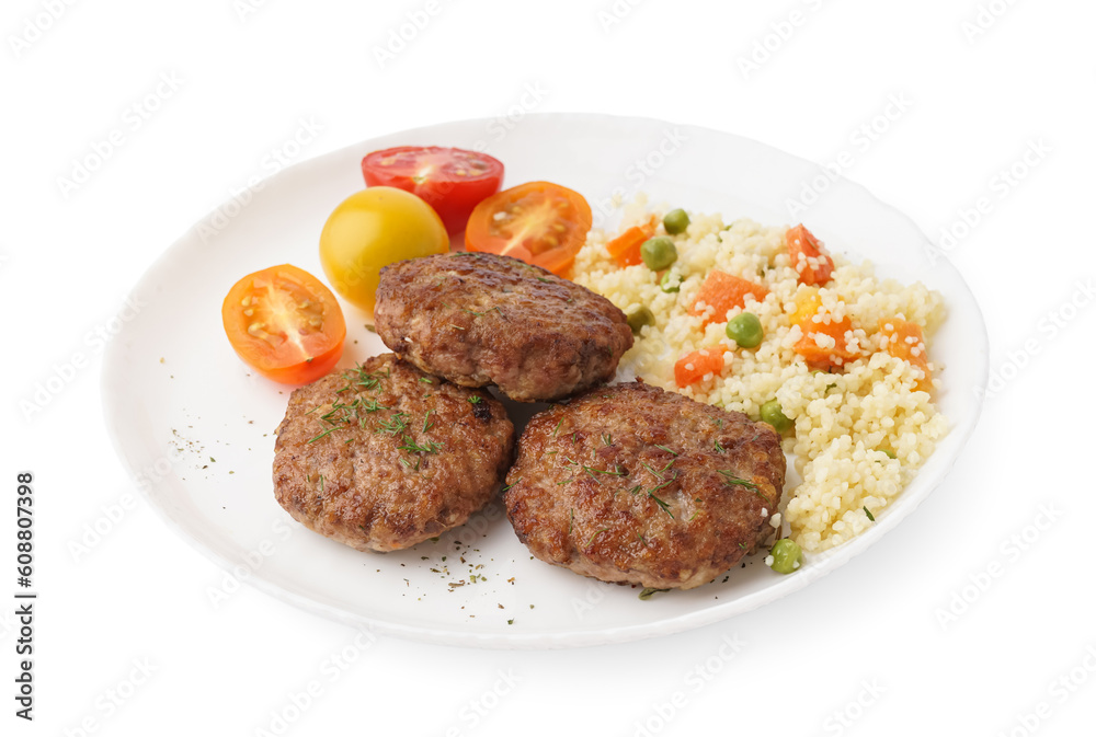 Cutlets with bulgur, boiled vegetables and tomatoes on white background