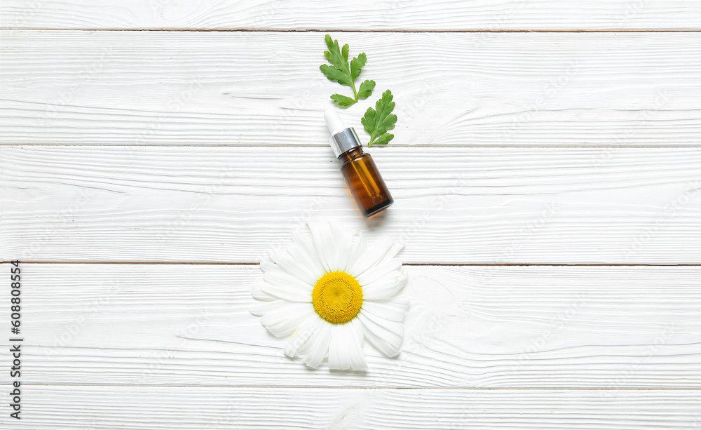 Composition with bottle of essential oil, chamomile flower and leaves on light wooden background