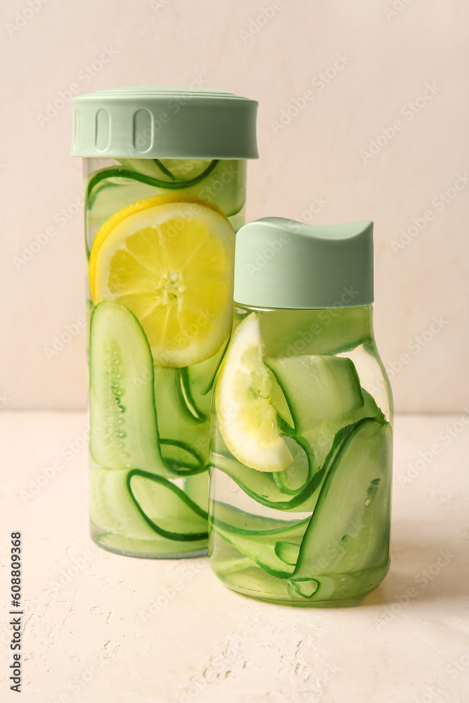 Sports bottles of infused water with cucumber slices on white table