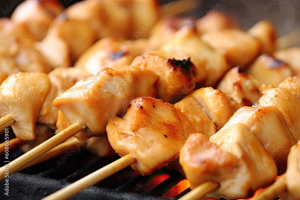 skewers of delicious grilled food on a barbecue Generative AI