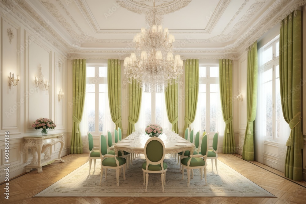 luxurious dining room with elegant chandelier and lush green curtains Generative AI