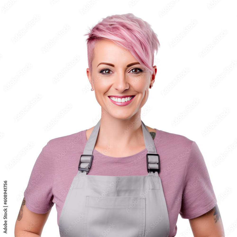 Happy woman , small business owner in casual wearing grey apron, isolated. Illustration AI Generativ