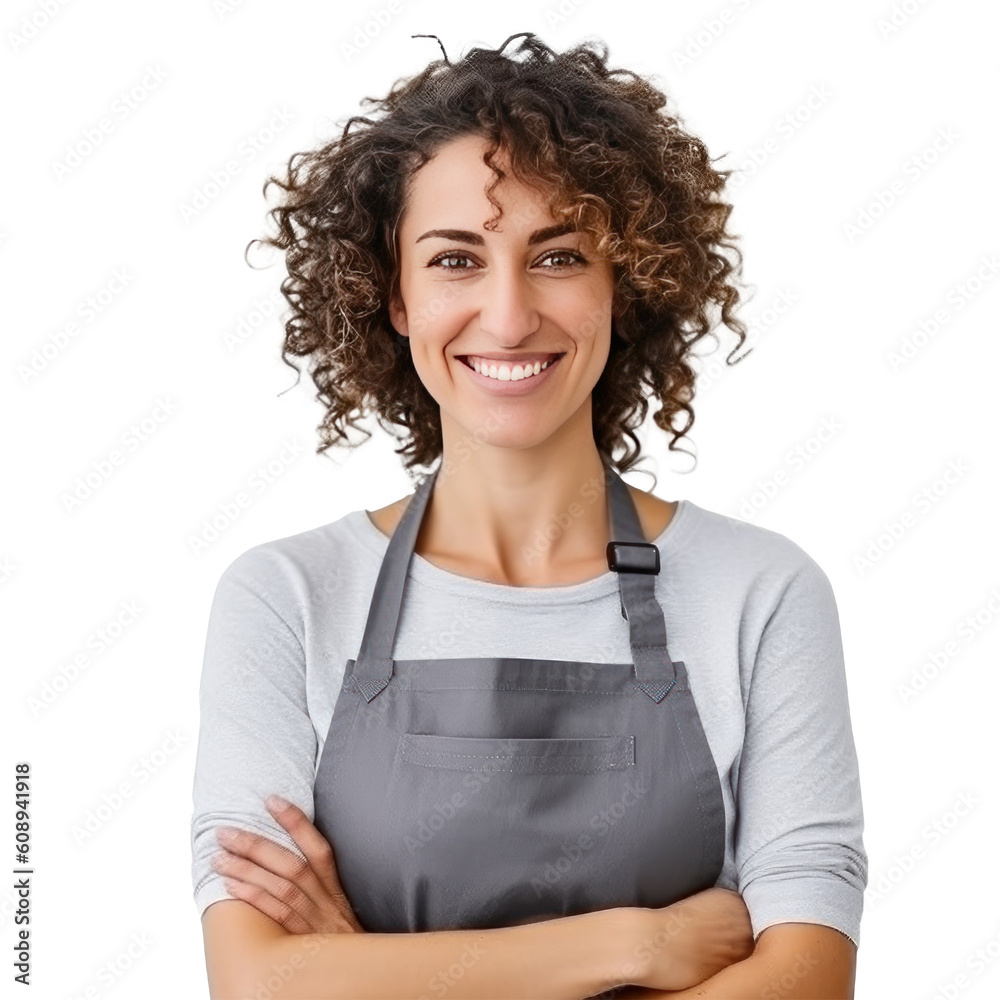 Happy woman , small business owner in casual wearing grey apron, isolated. Illustration AI Generativ