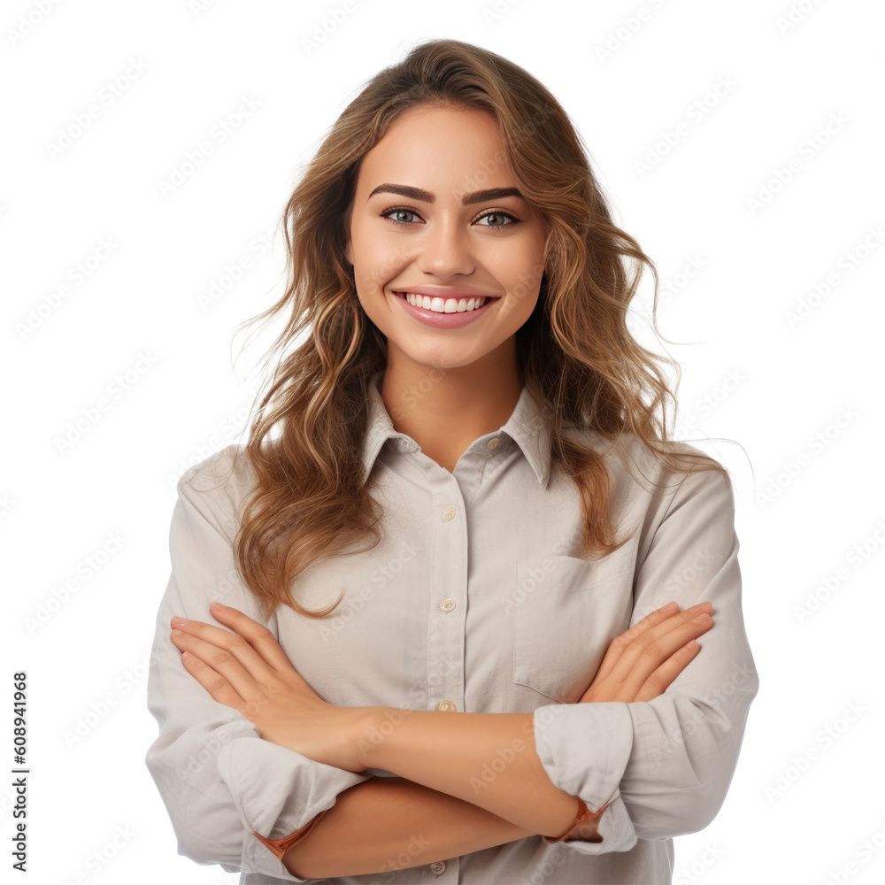 Young smiling woman looking at camera with crossed arms isolated. Illustration AI Generative.