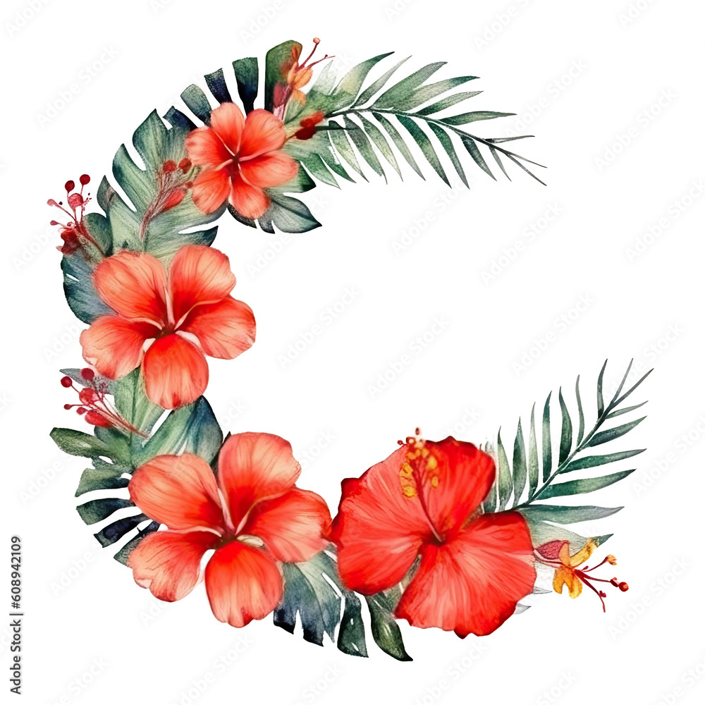 Watercolor tropical wreath isolated. Illustration AI Generative.