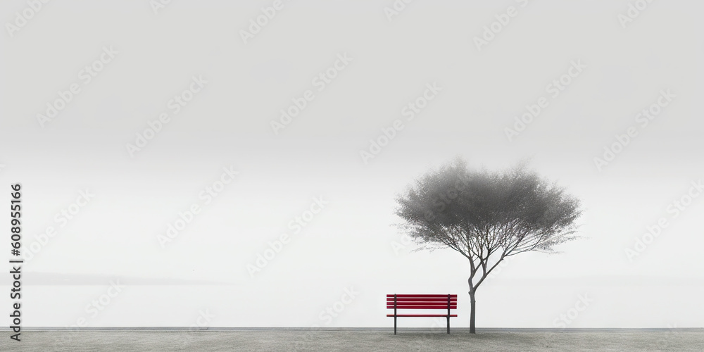 Minimalistic loneliness concept. Red bench under a tree. Generative AI