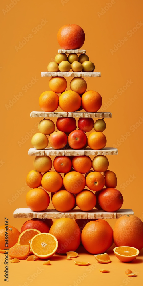 Equilibrium food balance diet concept. Balancing pyramid or tower of fruits. Generative AI