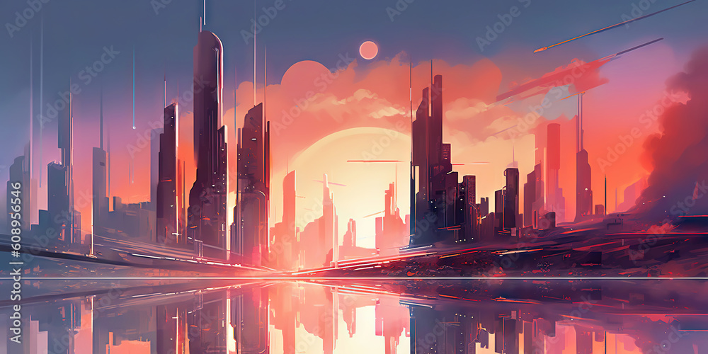 Panoramic cityscape in cyberpunk futuristic style. Towering skyscrapers in neon retrowave colors. Ge