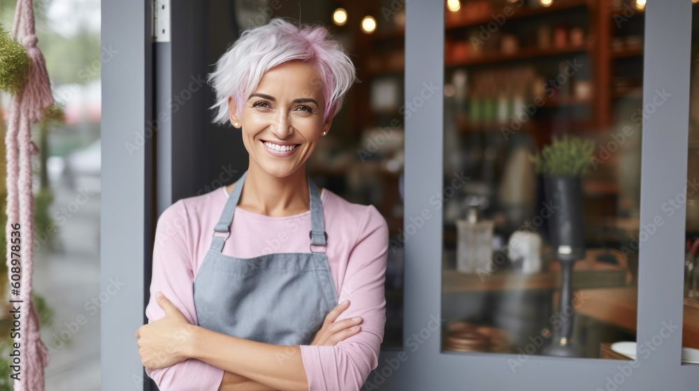 Happy woman , small business owner in casual wearing grey apron. Illustration AI Generative.