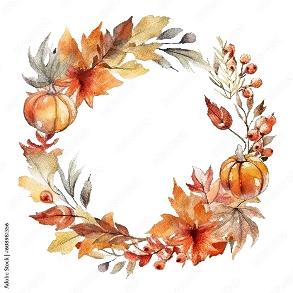 Watercolor Autumn Wreath Isolated. Illustration AI Generative.