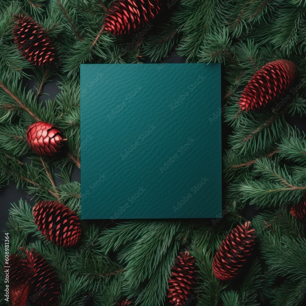 Empty paper on Christmas green background with fir. Illustration AI Generative.