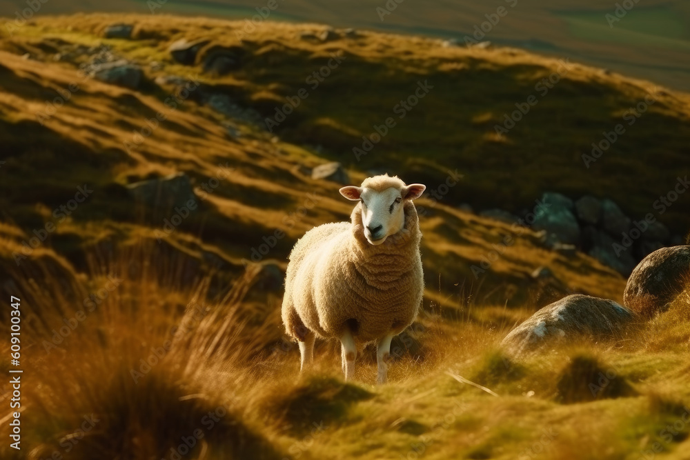 Sheep grazing in green pastures. Adult sheep feeding in green Irish meadows. Generative AI.