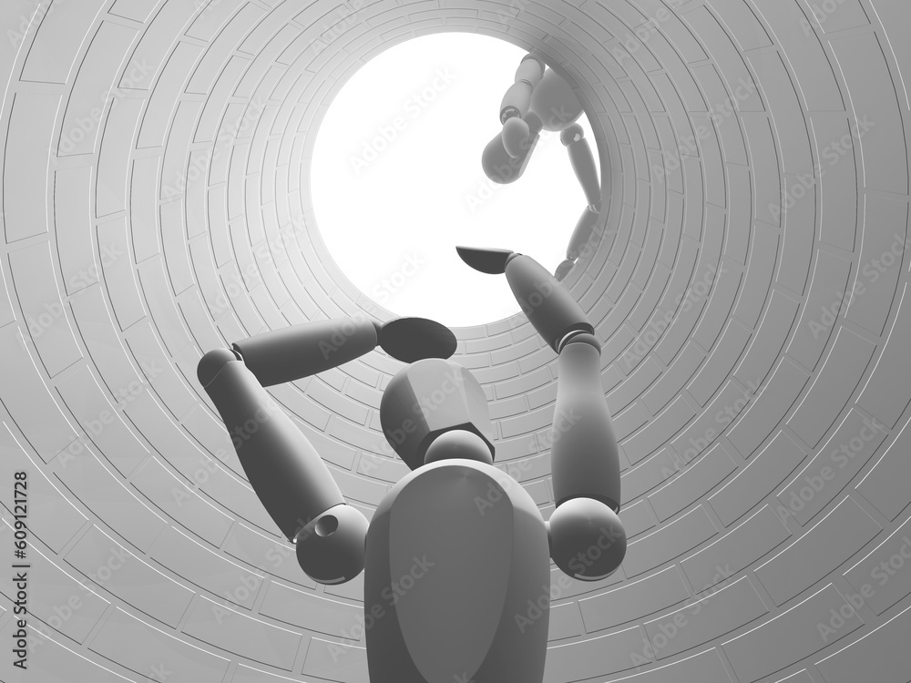 3D render of someone stuck down a hole being helped