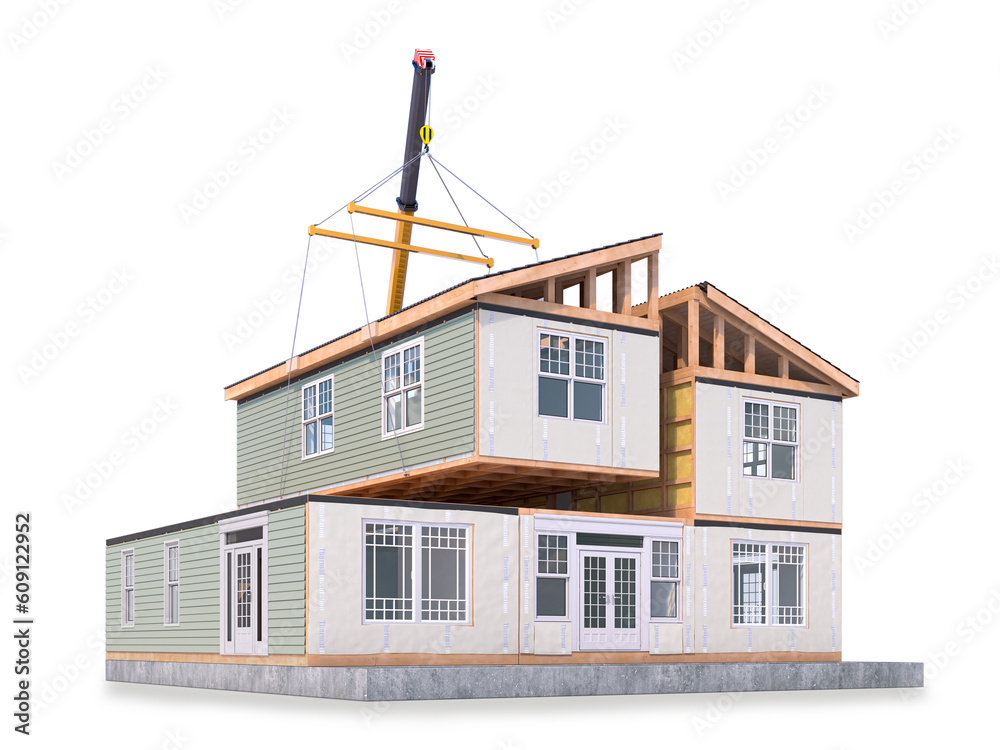 Assembling a modular house isolated on white background. 3d illustration