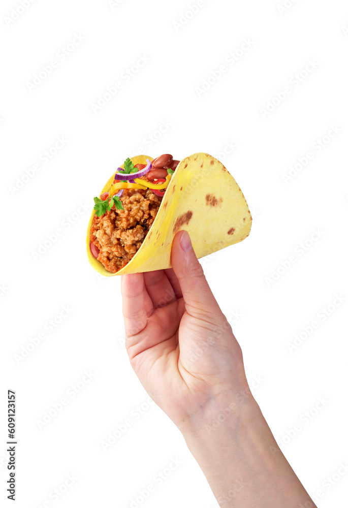 tacos with minced meat in hand on a white background