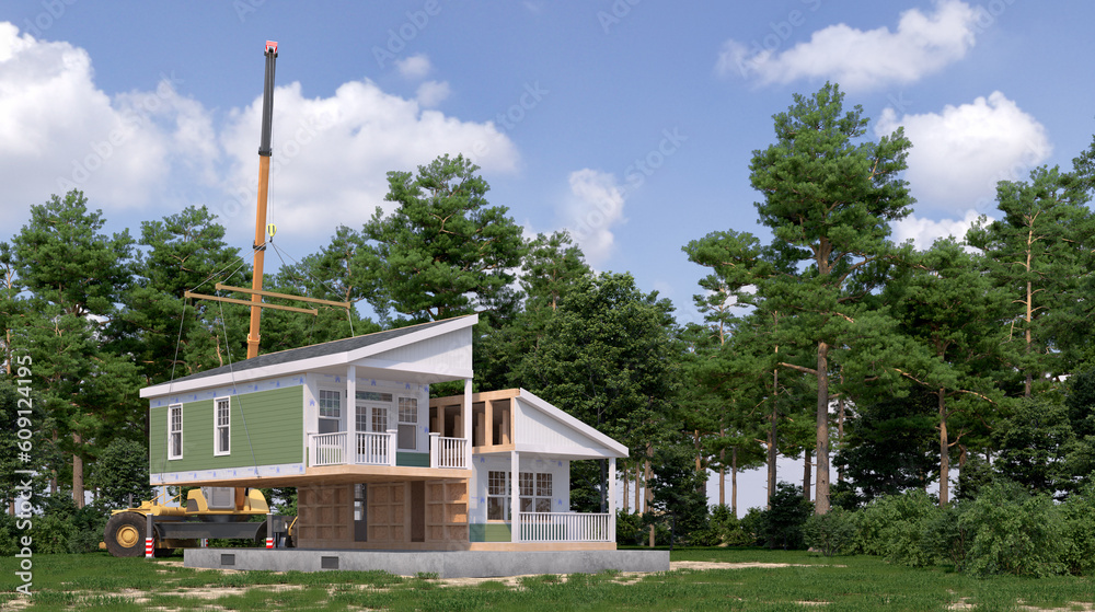 Assembling a modular house exterior. 3d illustration