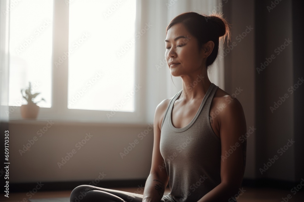 Female Asian middle aged practicing yoga in living room peace. Generative AI AIG23.