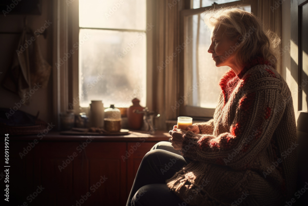 Female Caucasian senior knitting cozy sweater warmth sun room. Generative AI AIG23.