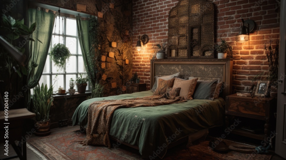 Bedroom decor, home interior design . Industrial Bohemian style with Wall decor decorated with Brick