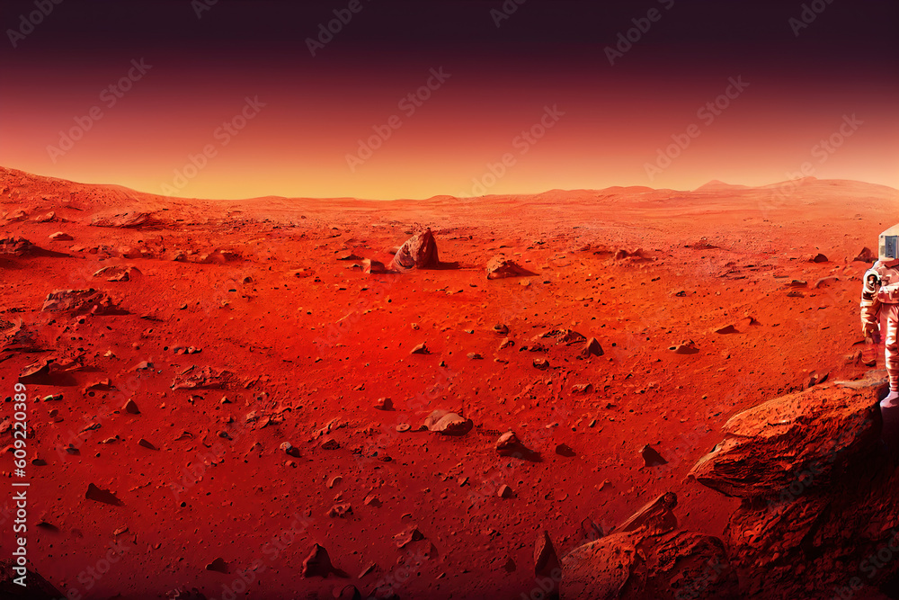 Ravishing digital illustration of Mars landscape feature with red surface and mountain with astronau