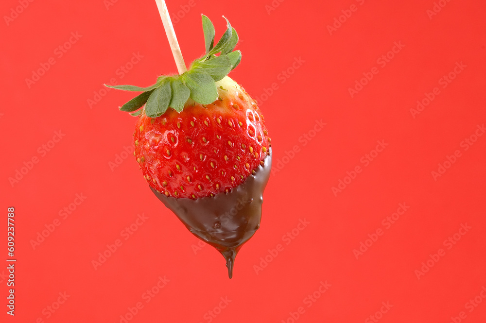 Strawberry with chocolate on a red background