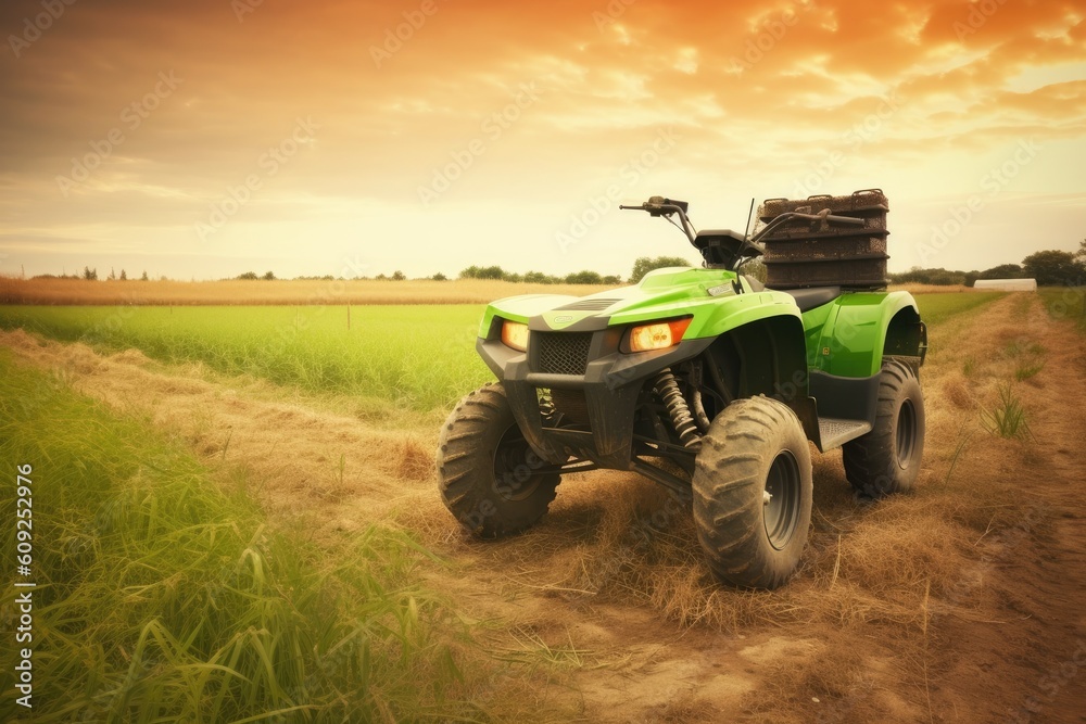 parked green ATV on a dirt road surrounded by nature Generative AI