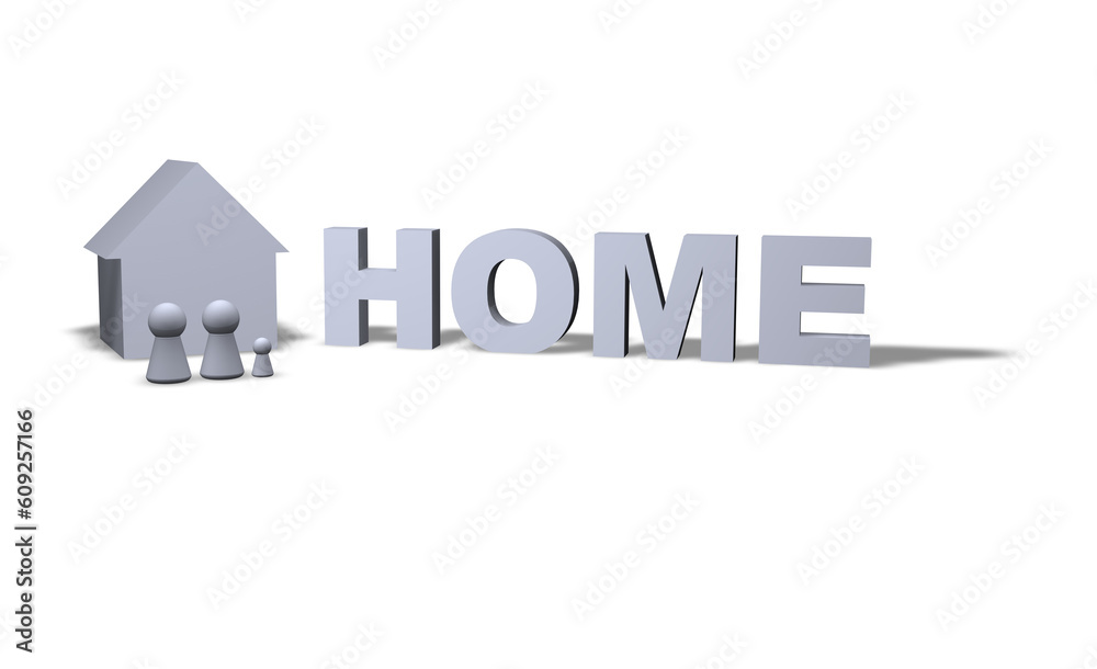 home text in 3d and play figures family with house