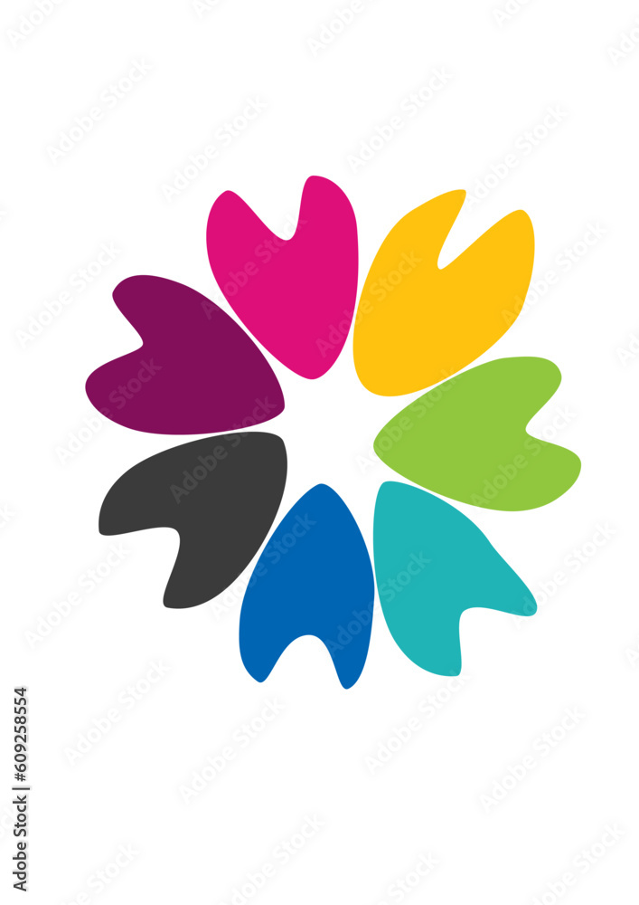 Pinwheel flower icon, seven color leaves like flower various colorful petals in circle