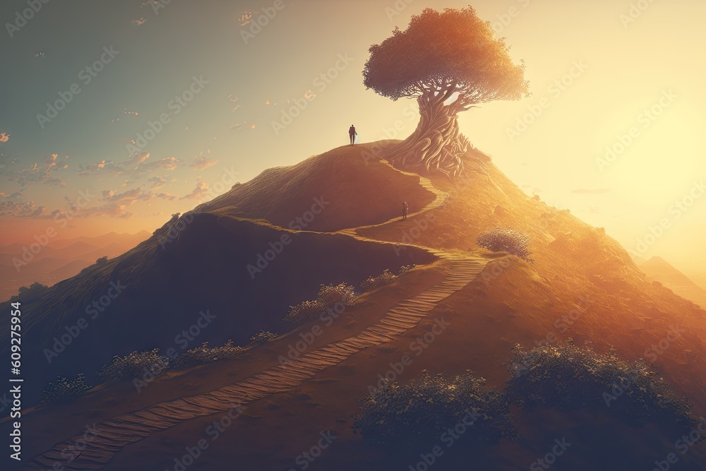 Surreal giant tree on top of a hill detailed path up the hill. Generative AI AIG15.