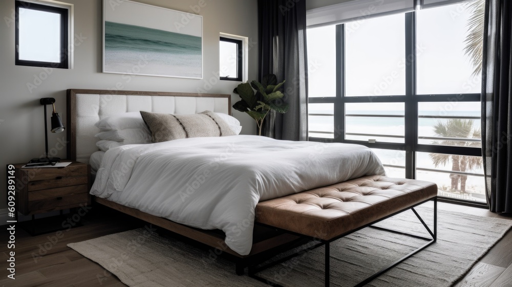 Interior design of Bedroom in Modern style with Platform Bed decorated with Linen Curtains, Leather 