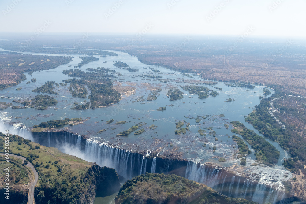 Aerial shot of the Victoria Falls on the Zimbawe Zambia Border.