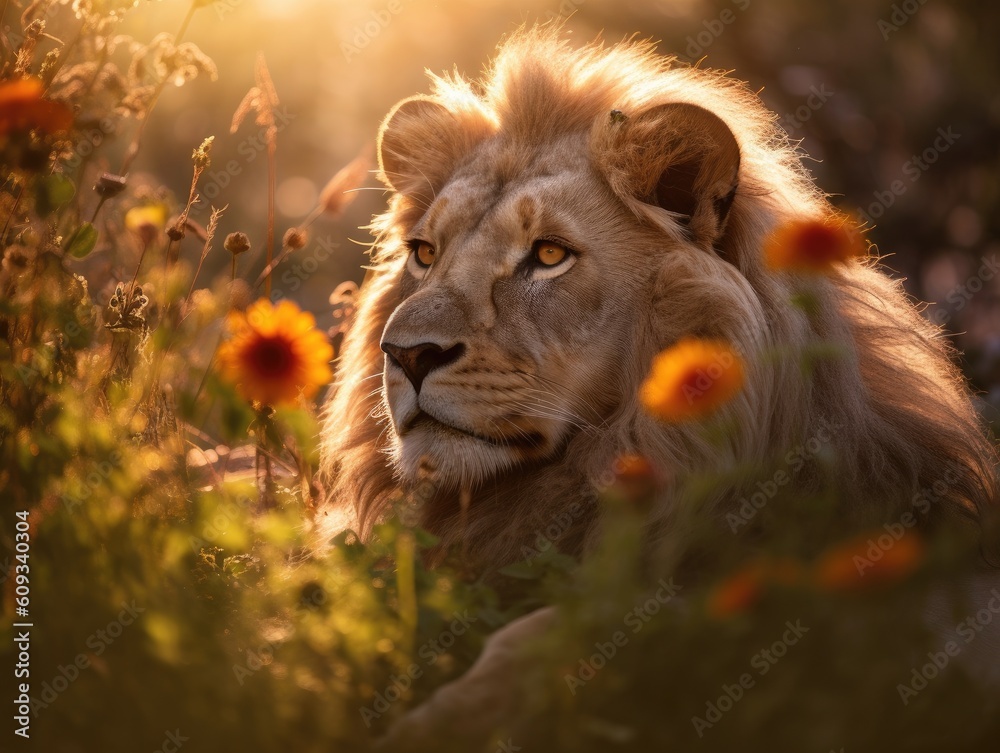 Lion in the meadow. king of the forest. Generative Ai.