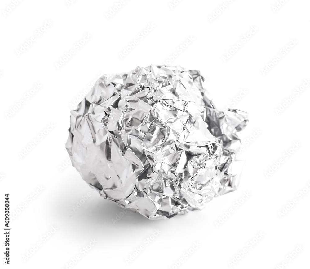 Crumpled ball of aluminium foil isolated on white background