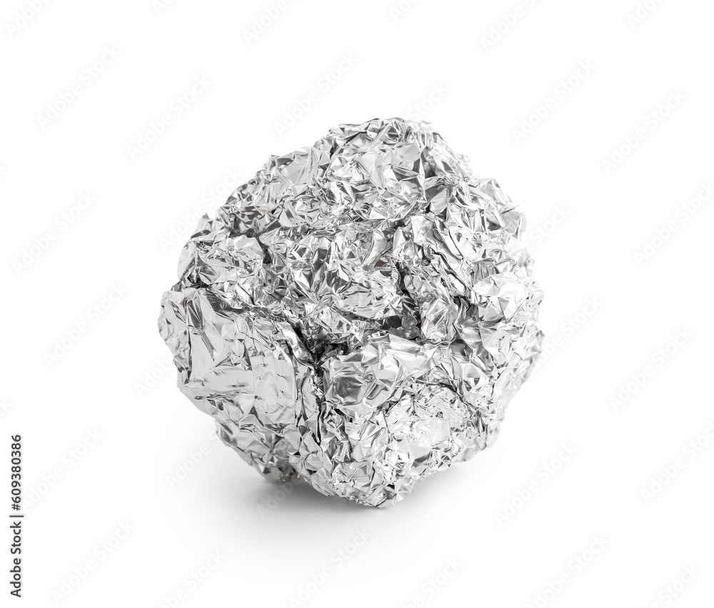 Crumpled ball of aluminium foil isolated on white background