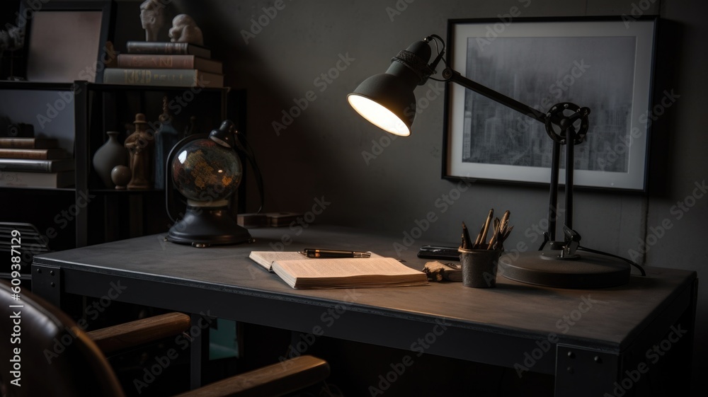 Interior design of Home Office in Industrial style with Steel Desk decorated with Metal, Concrete, L