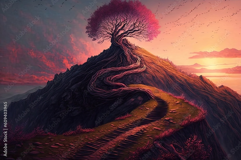 Surreal giant tree on top of a hill detailed path up the hill. Generative AI AIG15.