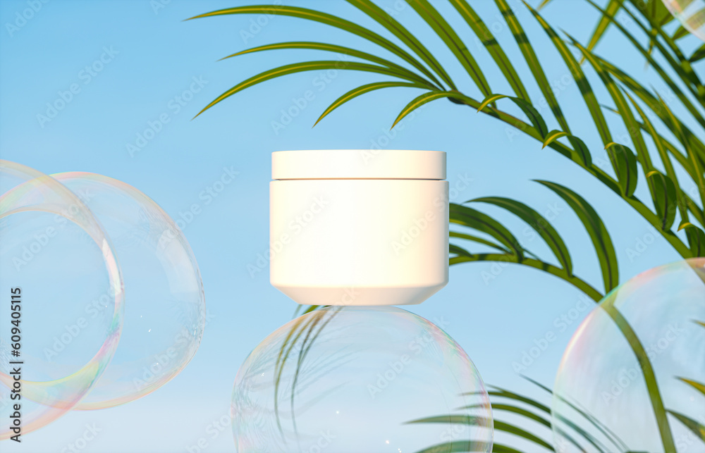 Cosmetic cream jar on a background of tropical plants and soap bubbles. 3d rendering