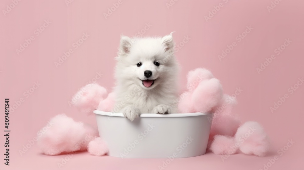 Cute little puppy in bathroom. Illustration AI Generative