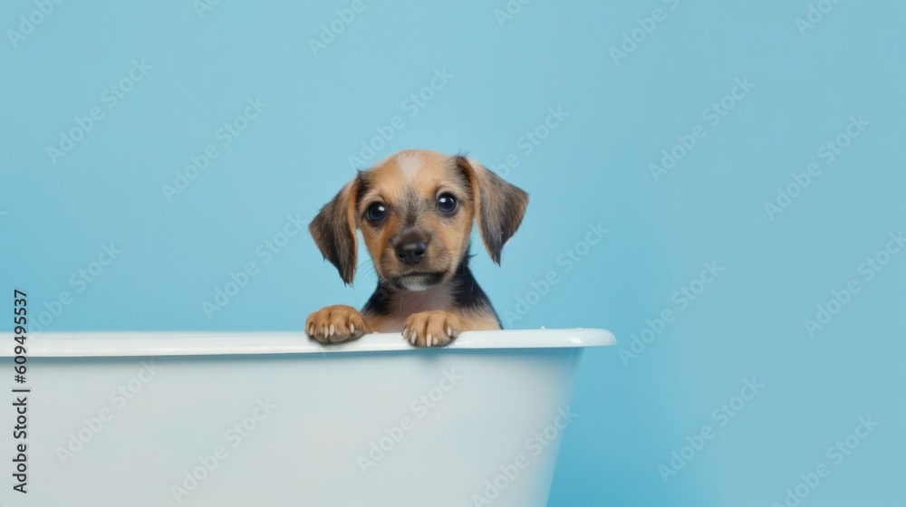 Cute little puppy in bathroom. Illustration AI Generative