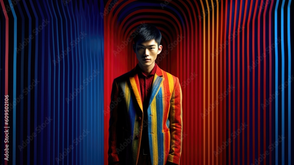 Young male model posing with trendy man fashion outfit and colorful optical art abstract background.