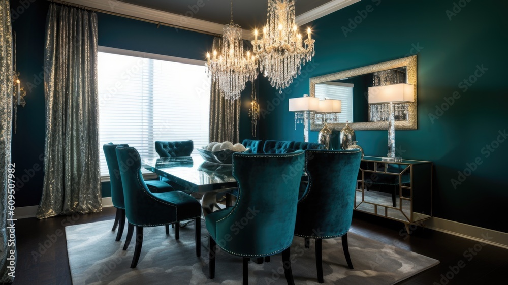 Interior design of Dining Room in Glam style with Crystal Chandelier decorated with Velvet Dining Ch