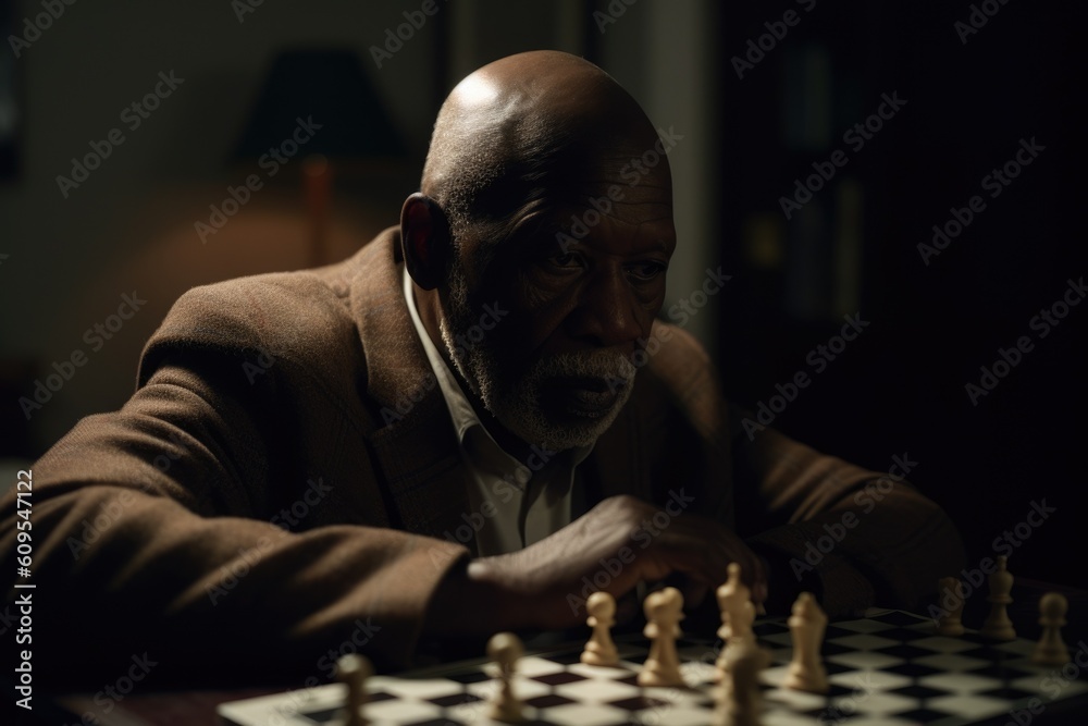 Male African elderly playing chess in living room activity. Generative AI AIG23.