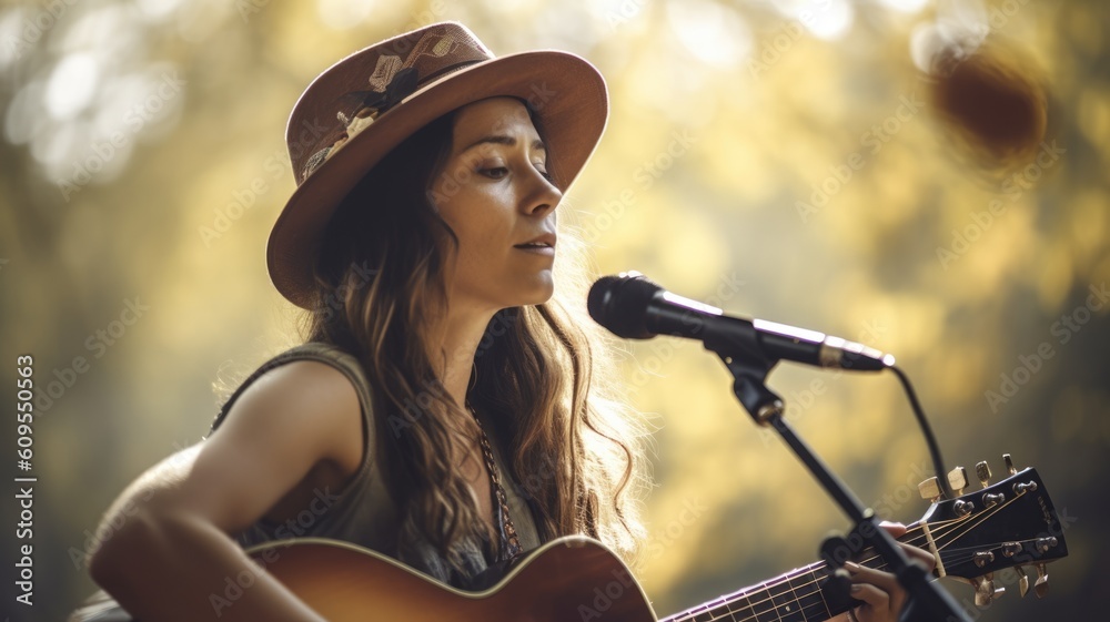 Country Singer Female Caucasian Mature Performing live music for an audience, singing country songs 