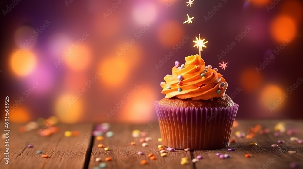 Happy Birthday background with cupcake. Illustration AI Generative.