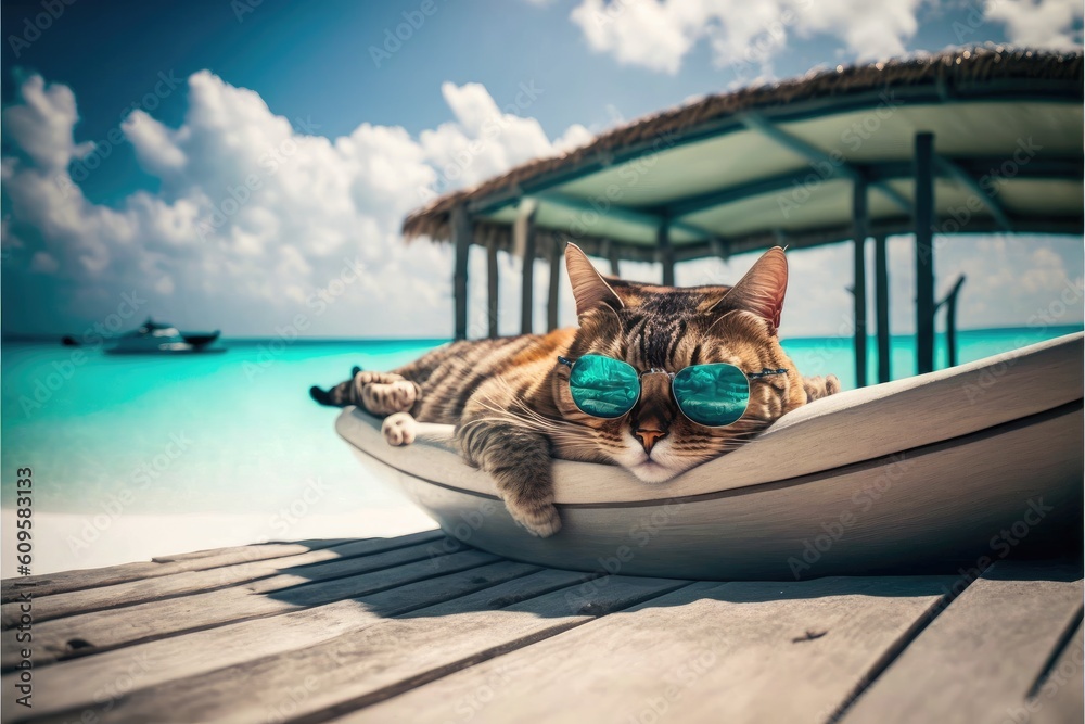 Close-up chilling adorable cat on the beach wearing eyeglasses in summer sunlight concept. Finest ge