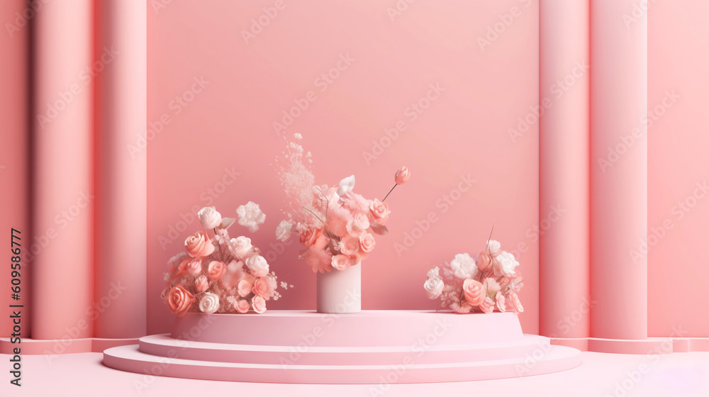 Podium with pink roses on pastel pink background to display products, gift or cosmetics. Generative 