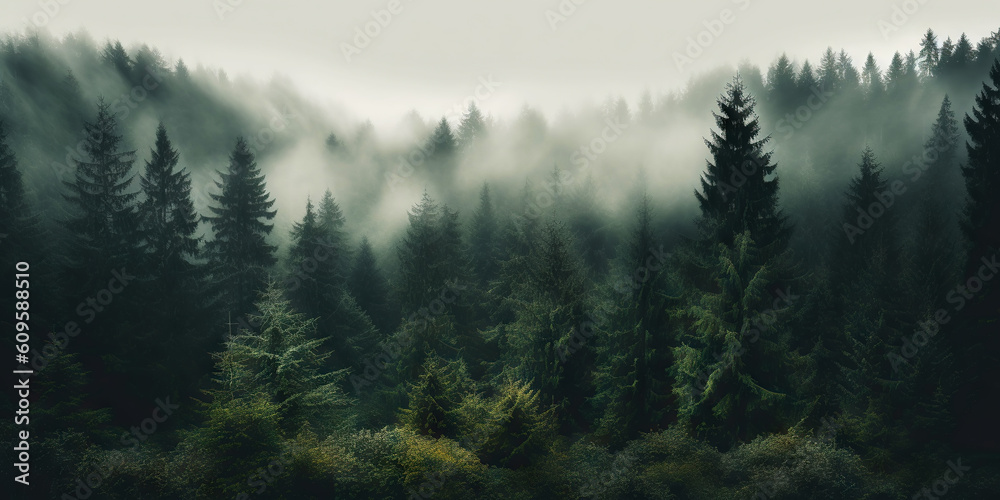 Misty landscape with fir forest in vintage retro style. Generative AI