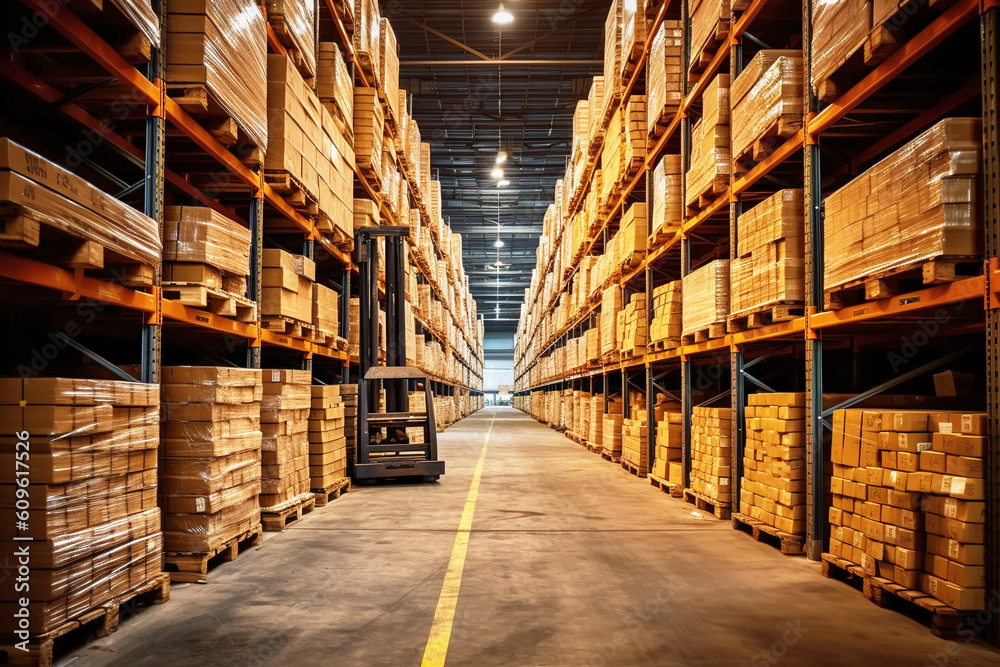 Huge distribution warehouse with high shelves and loaders. Bottom view.